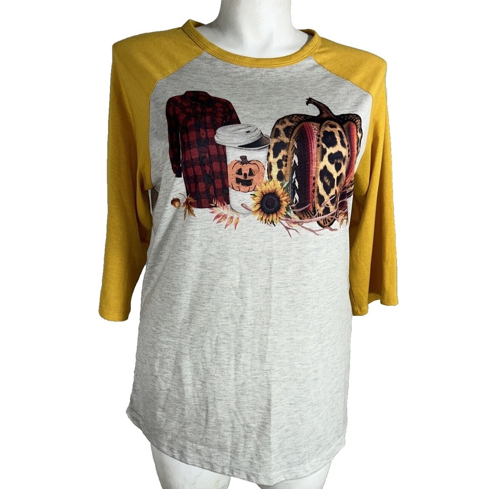 Boutique Fall Shirt‎ XL Pumpkin Coffee Flannel Print Yellow Beige Raglan Sl